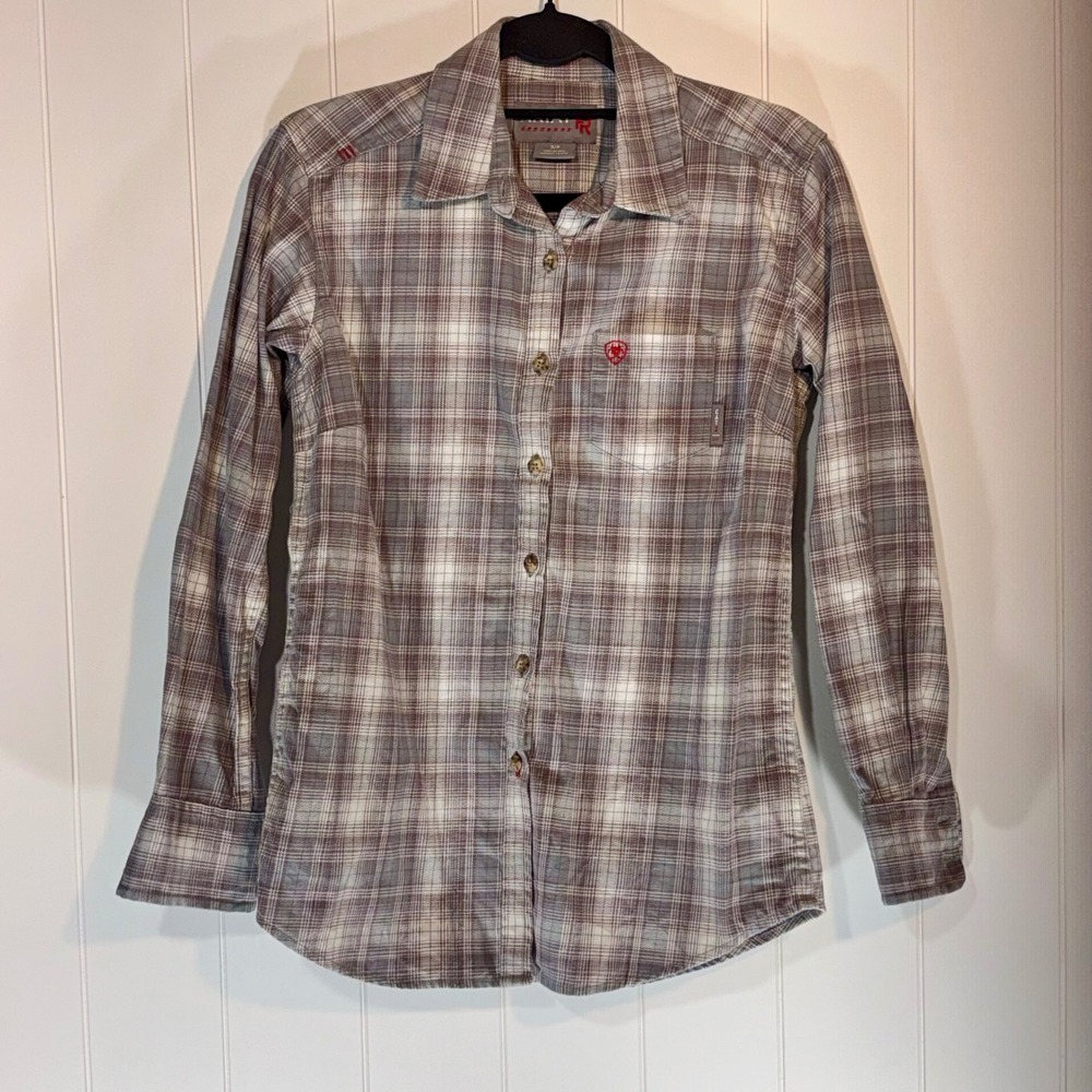 Ariat FR Flame Resistant Plaid Button Down Work Shirt Purple Grey Womens Small
